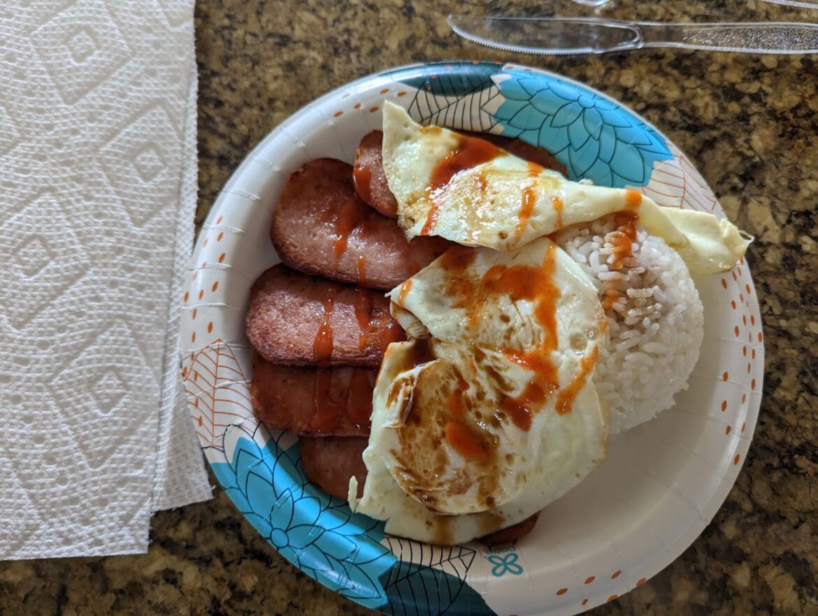 Eggs on spam and rice.