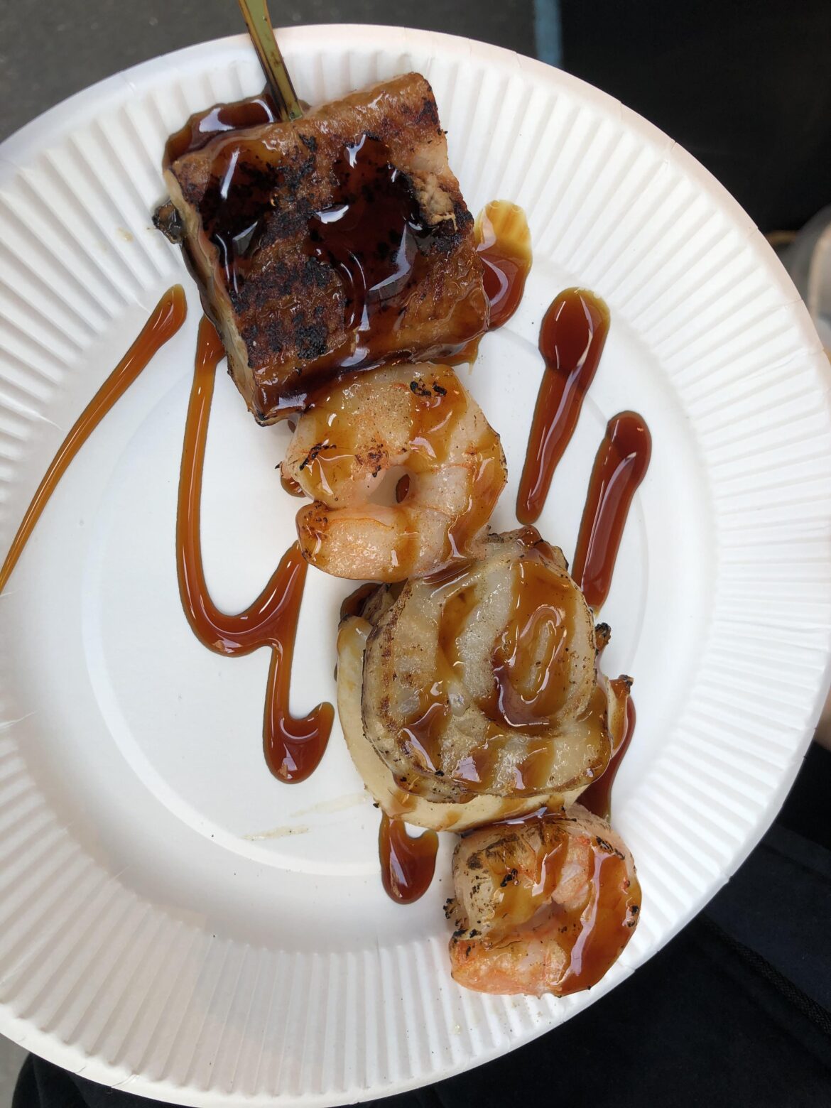 Seafood skewer from Tsukiji fish market in Tokyo, Japan.