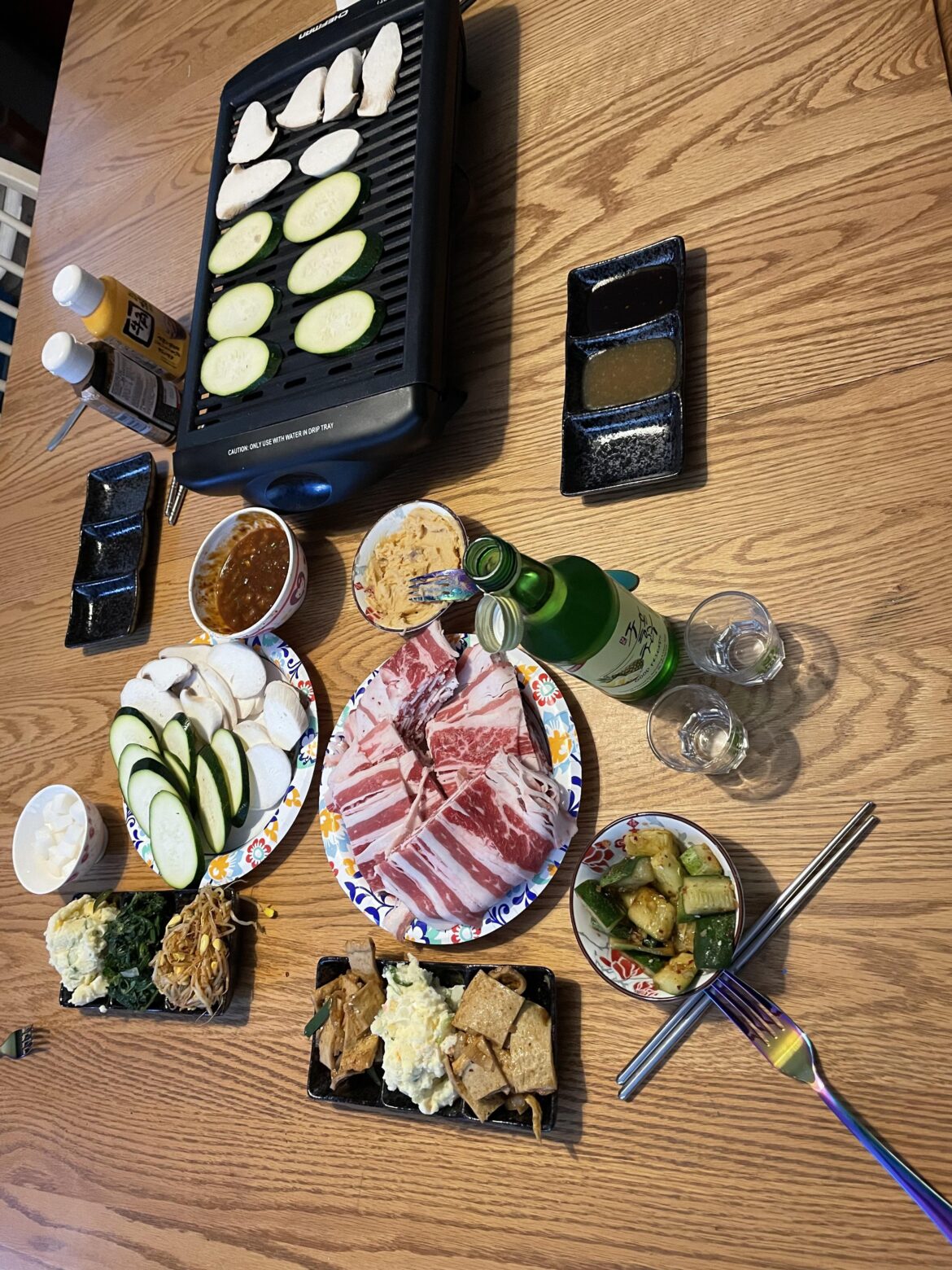 Home kBBQ. Made extra dishes so I had enough banchan for the week. Don’t mind my Gyukaku sauces - they are really delicious. At least I made my own ssamjang!