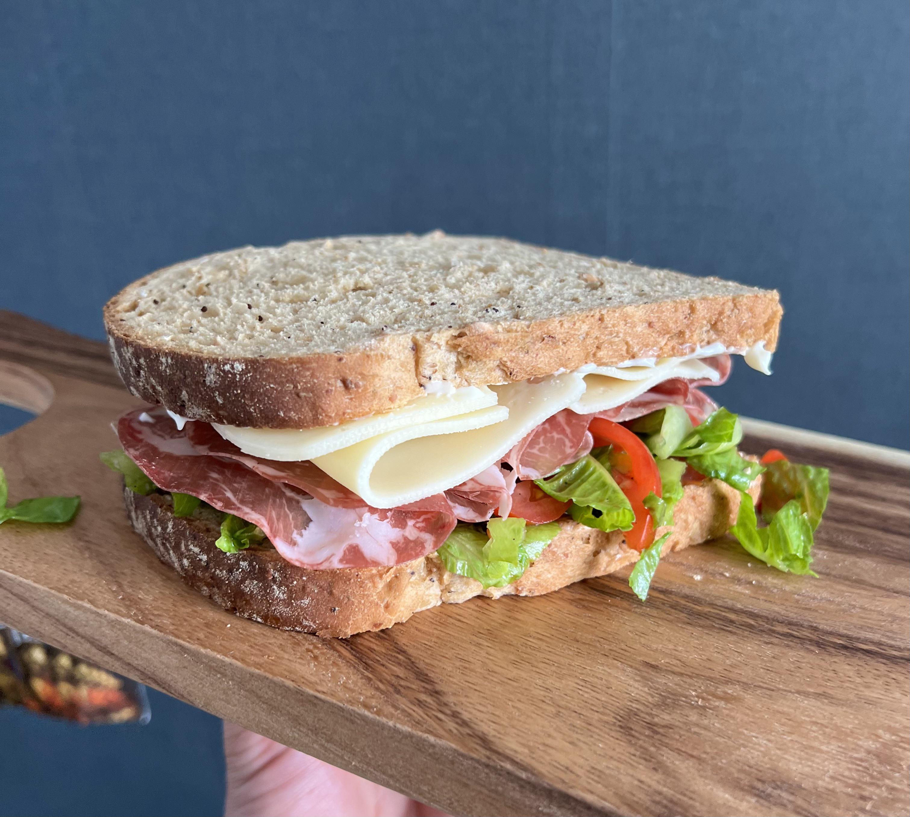 Coppa, salami and Swiss, with lettuce, tomato and mayo on multigrain