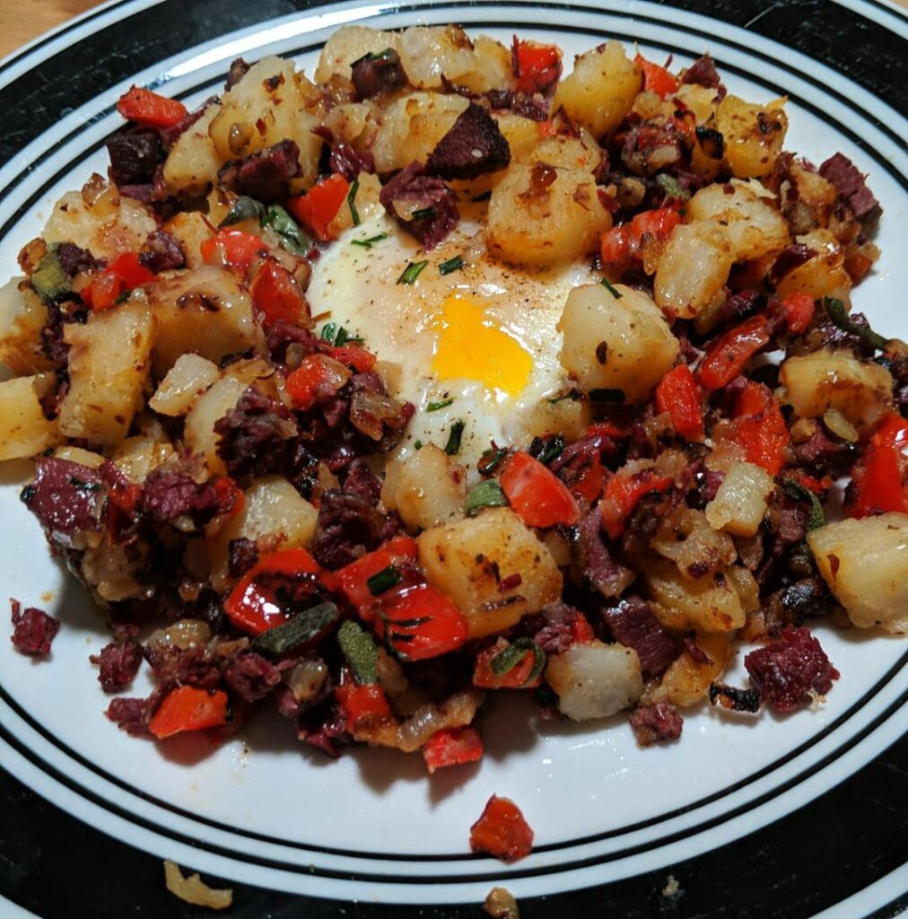 Corned goose hash cooked in goose fat, with the star in the center.