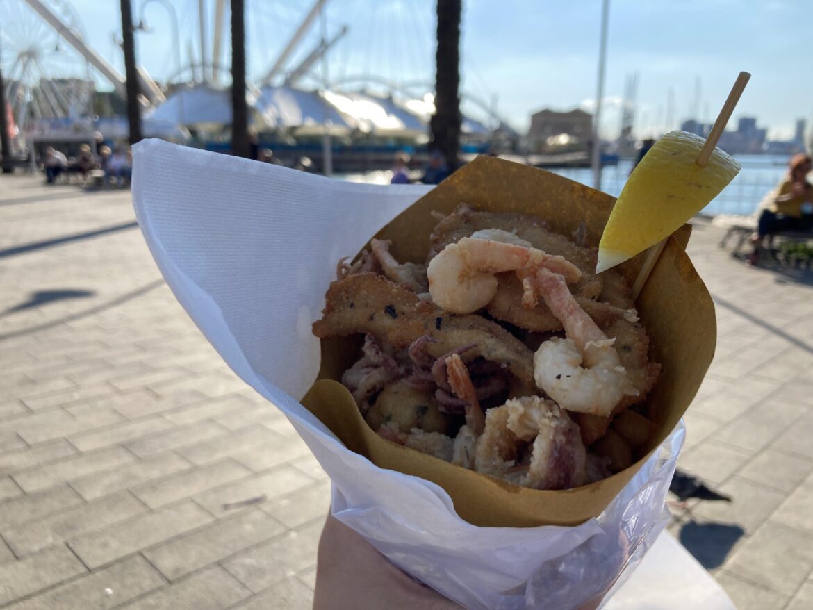 Fried Seafood at the historical port of Genova, Italy