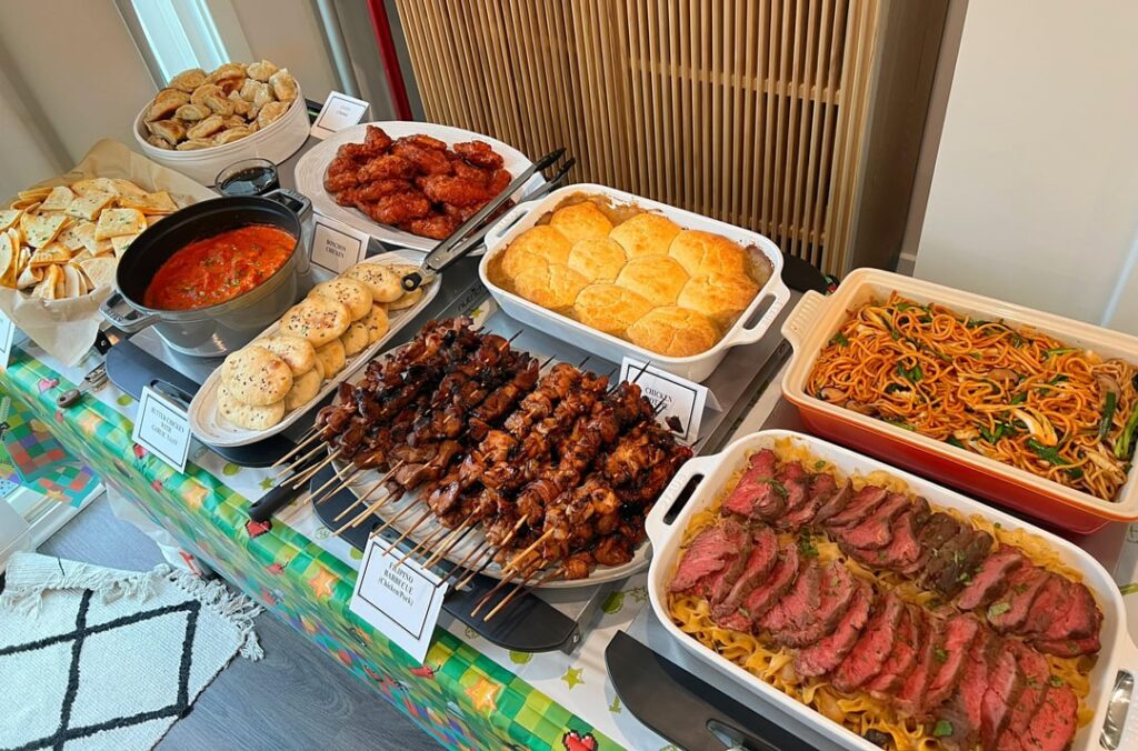 buffet party for my twin boys birthday: gyoza, chicken pot pie, filipino barbecue, lo mein, beef stroganoff, chocolate chip cookies (all from serious eats) & stella’s devil’s food cake with oreo cream cheese frosting