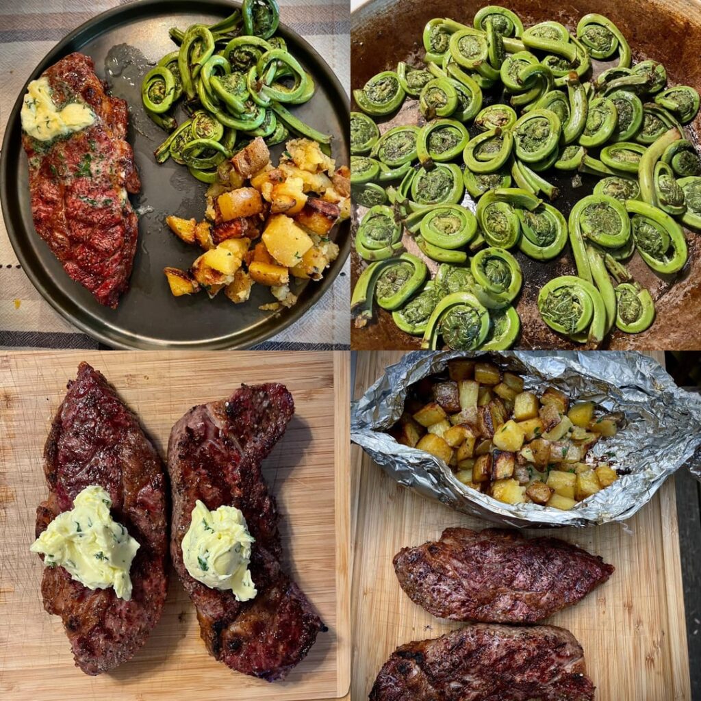 Lump charcoal grilled ribeye with potatoes and fiddleheads.