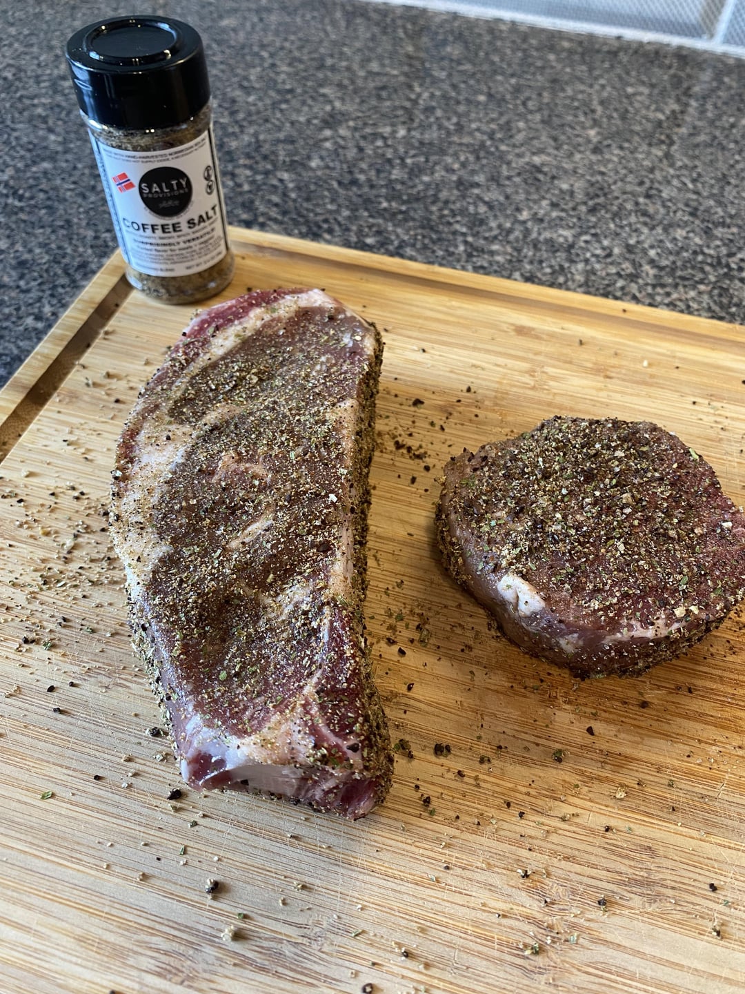 Coffee rub on a 42day dry aged ribeye and a filet. 135 for 2.5 hours and seared with wagyu