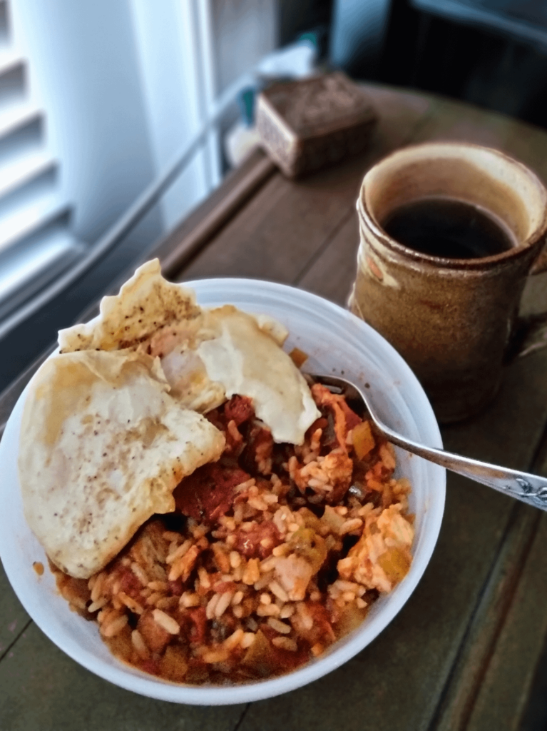 Leftover homemade jambalaya.