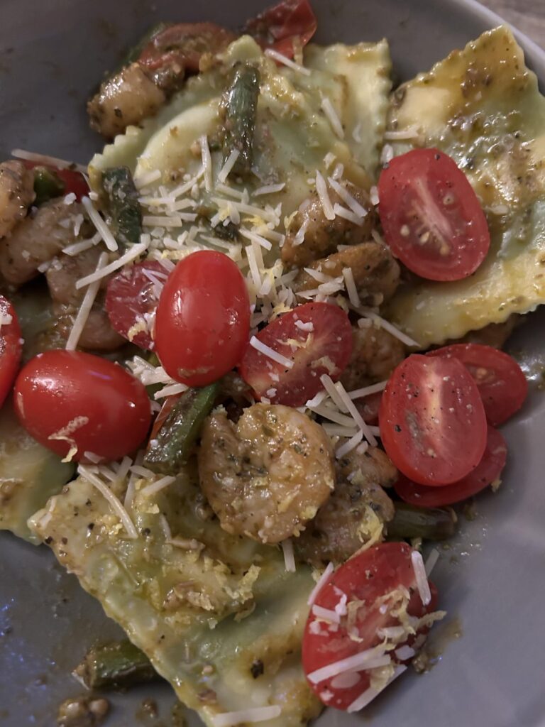 Pesto Shrimp & Spinach Ricotta Ravioli with Lemony Asparagus and Grape Tomatoes