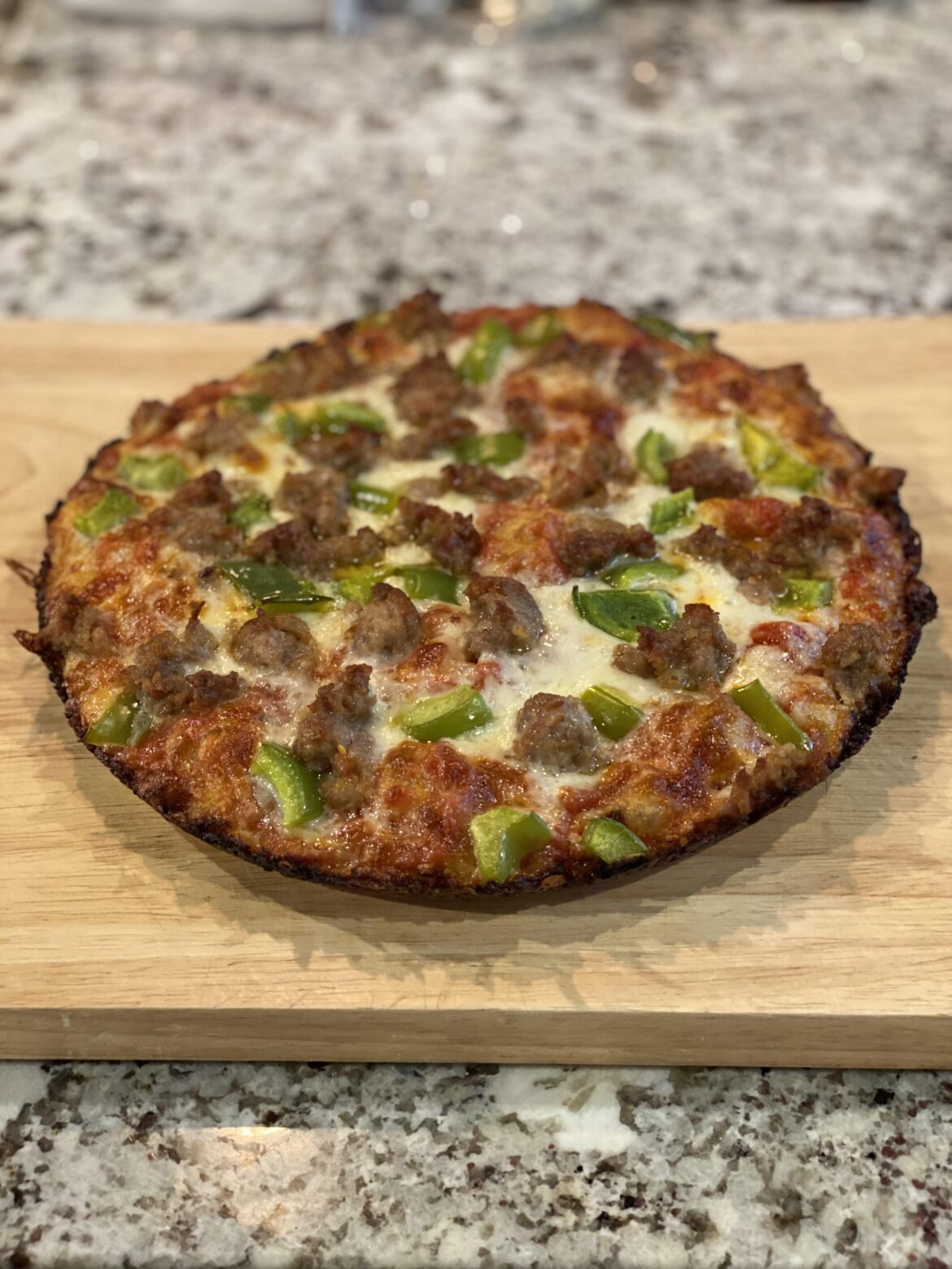 Foolproof pan pizza with sausage & green bell peppers