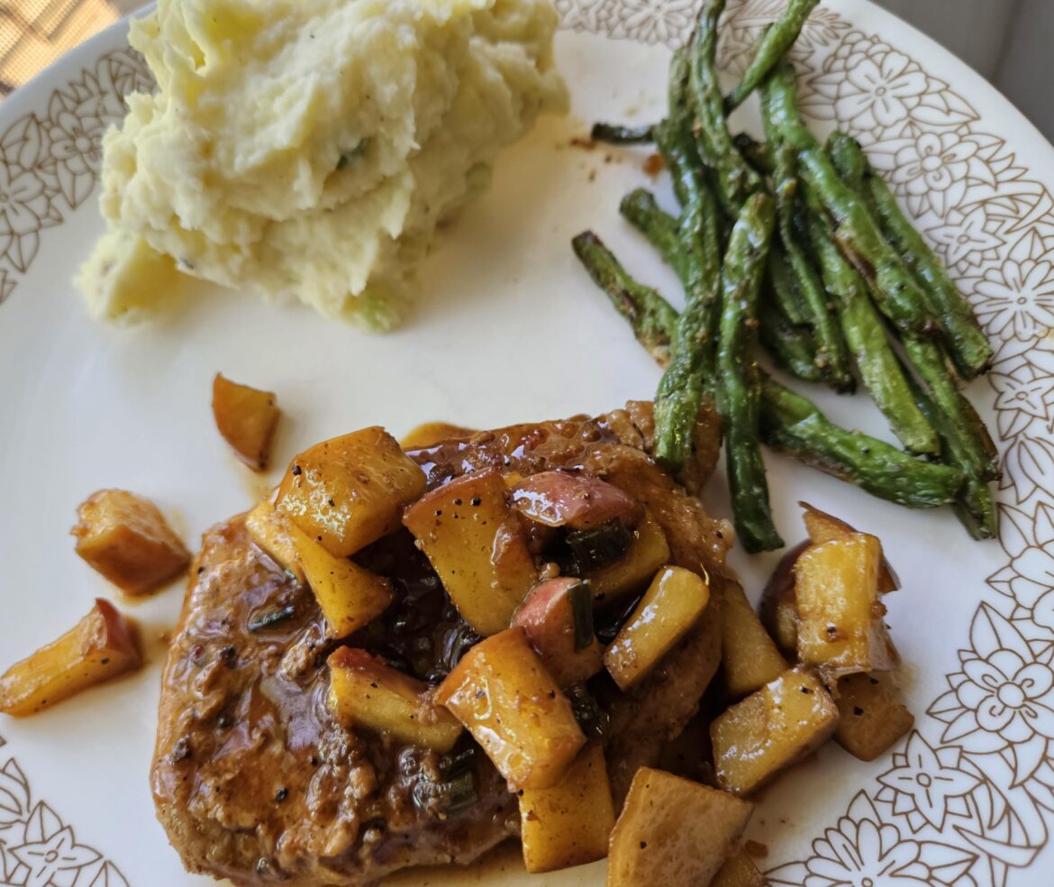 Brown Sugar Bourbon Apple Pork Chops with Apple Pan Sauce, Scallion Mashed Potatoes and Green Beans