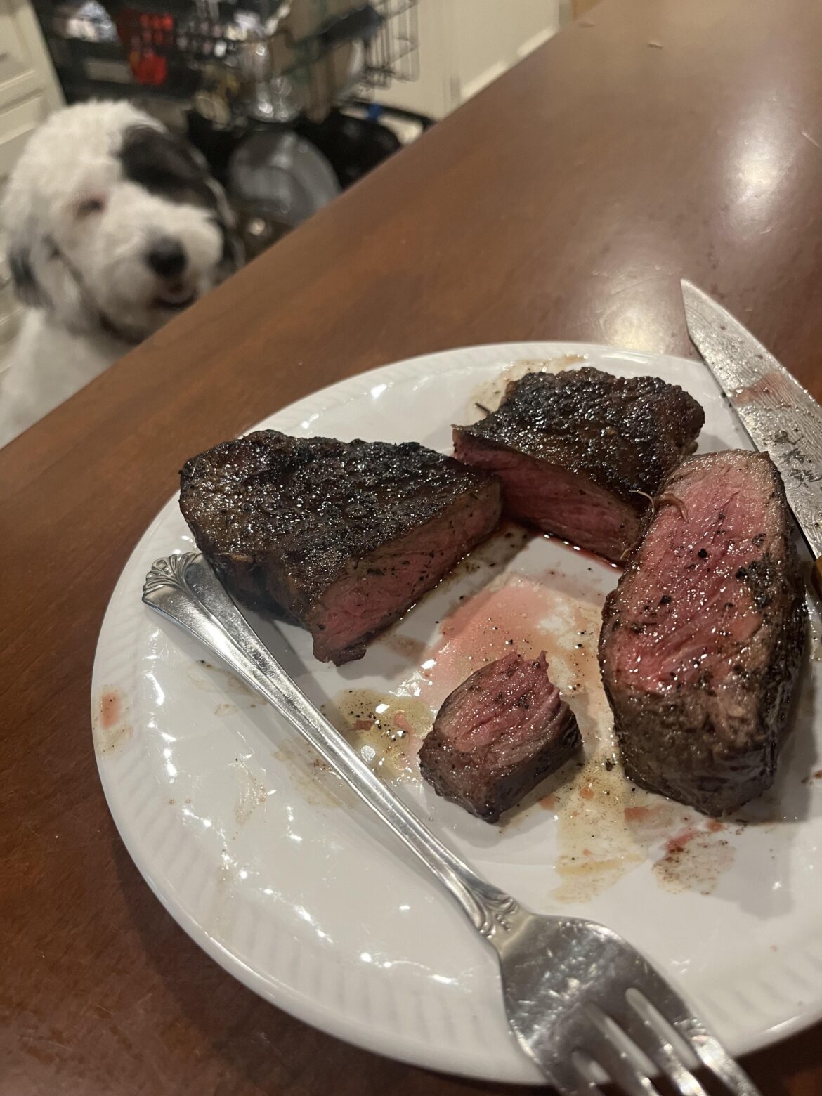 NY strip from sams club, just butter basted with garlic and thyme, nothing special.