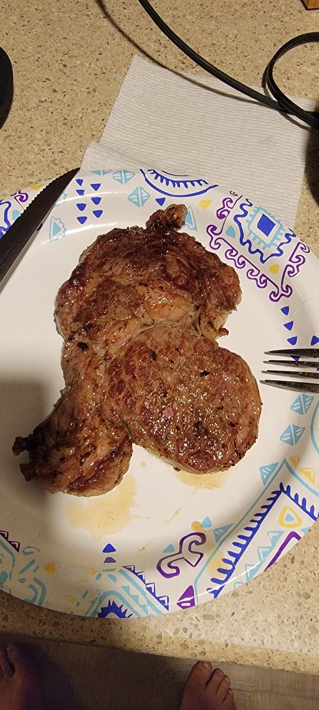 Pan seared organic Angus ribeye fried in bacon grease. Dining and Cooking