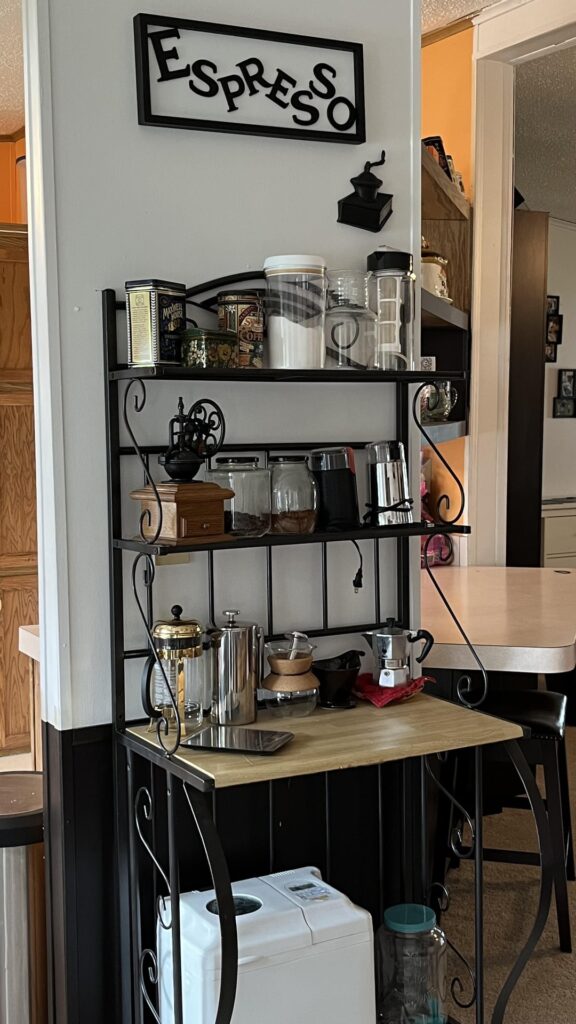 My coffee station has seriously grown over the years. Most of the equipment here has been found at a thrift store.