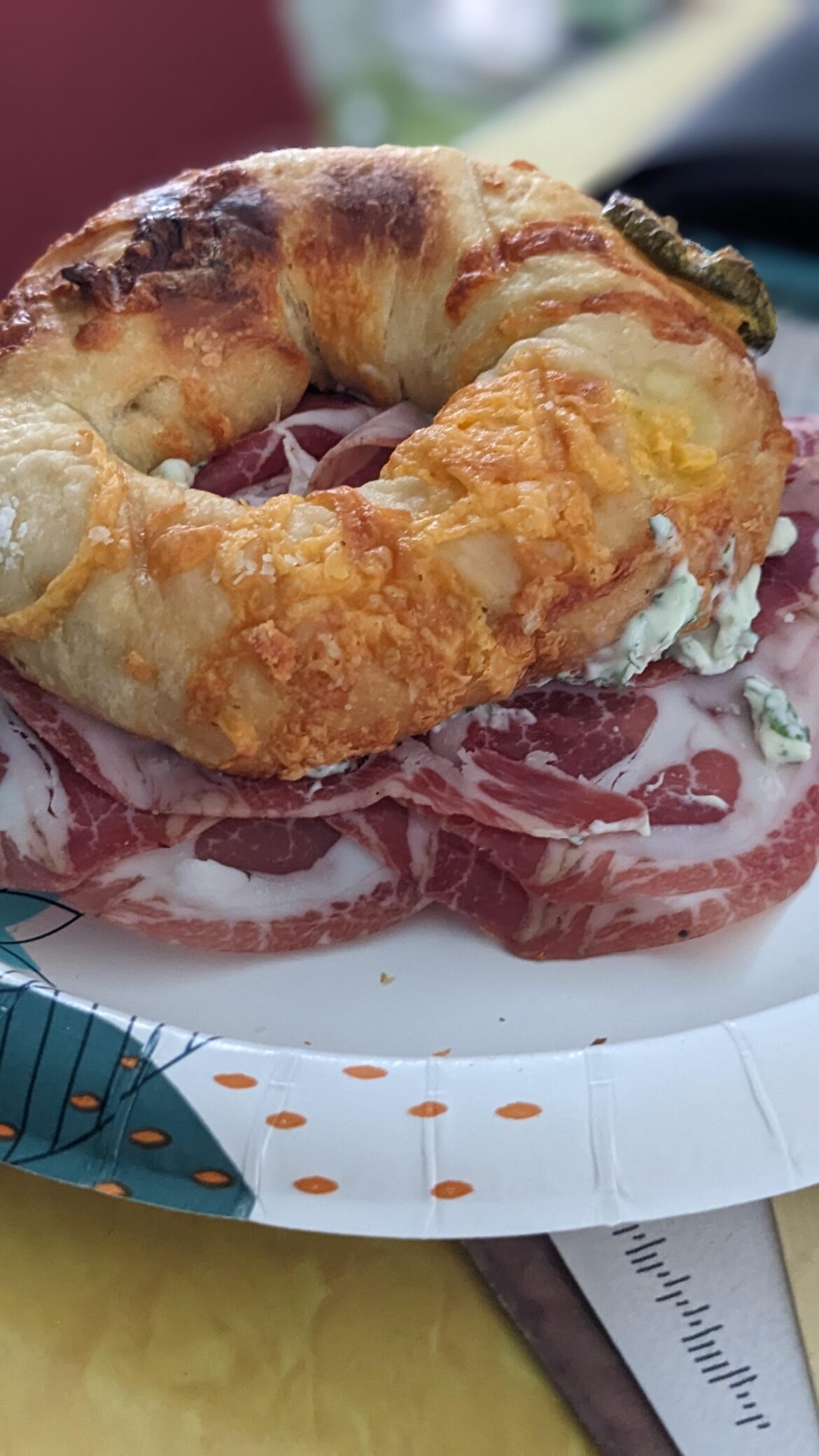 Jalapeno cheddar bagel with herbed cream cheese, cappicola and prosciutto.