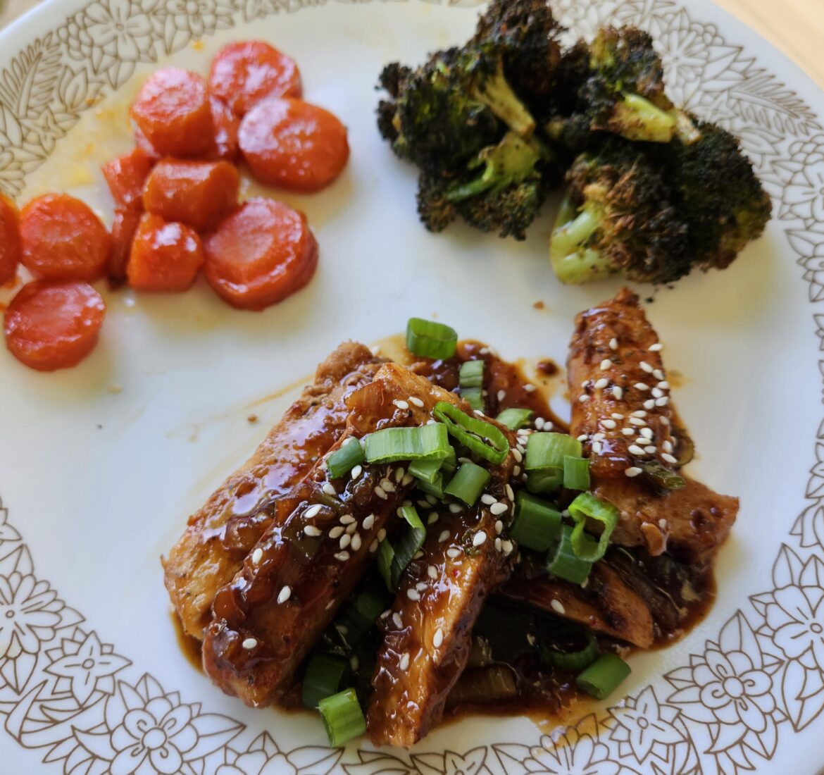 Pan-Seared Sweet Soy Glazed Pork with Roasted Carrots and Broccoli
