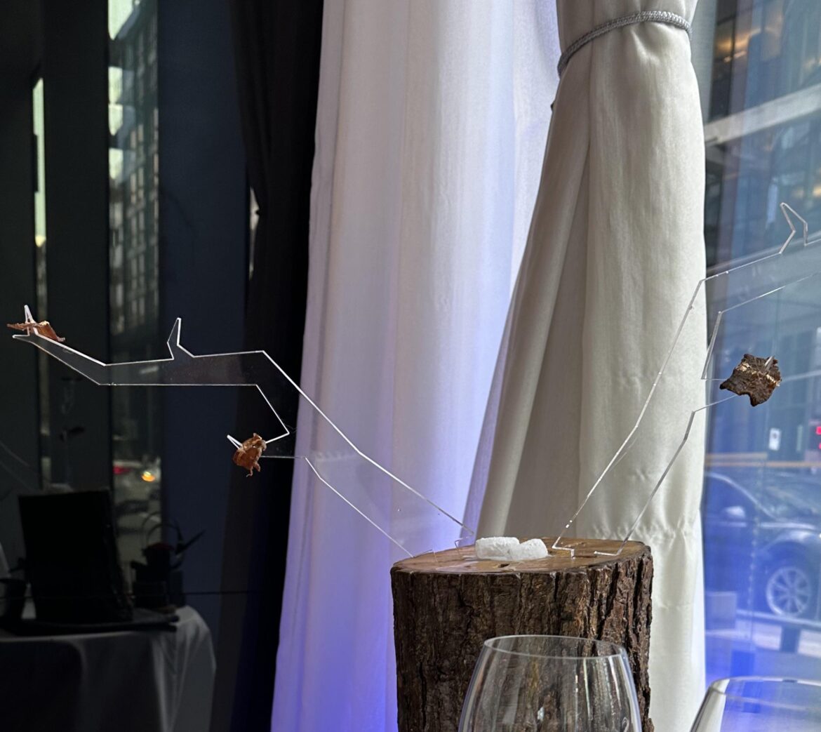 Beef jerky on antlers coming out a log