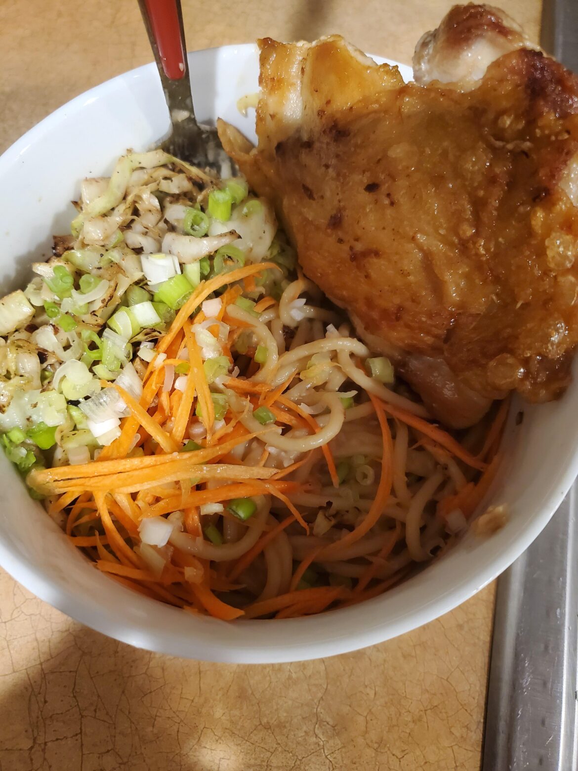 Kenjis garlic noods 🍜 with a pan fried chicken thigh, shredded carrot, spicy sauteed cabbage, and scallions. Plus a starch method to make it more durable and reheatable Kenjis garlic noods 🍜 with a pan fried chicken thigh, shredded carrot, spicy sauteed cabbage, and scallions. Plus a starch method to make it more durable and reheatable
