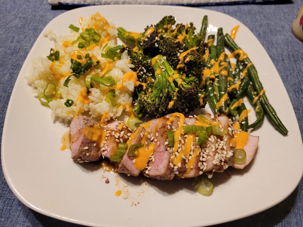 Hoisin-Glazed Pork Filet with scallion rice, ponzu roasted green beans and Sriracha mayo. 15/10