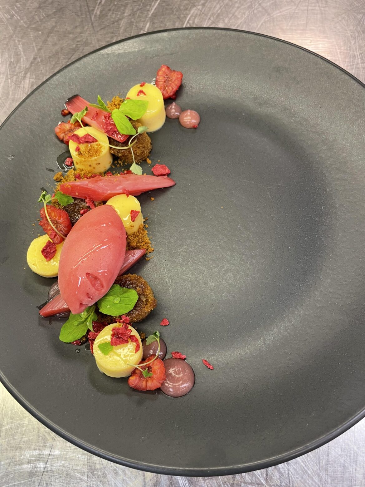 Poached rhubarb, rhubarb sorbet, rhubarb gel,ginger cake, ginger crumble and whipped custard.