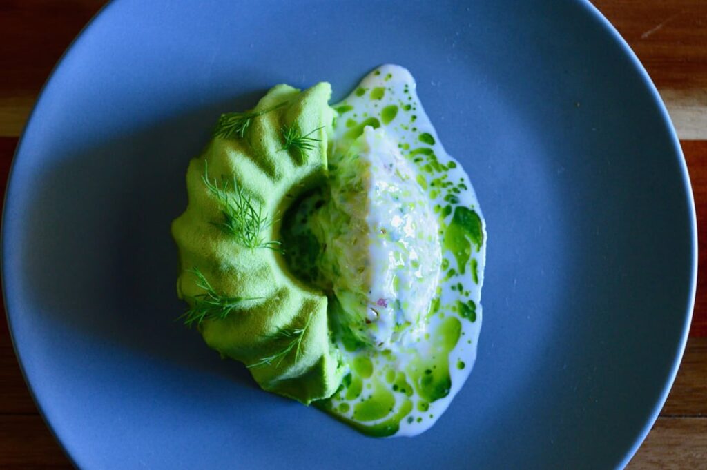 Chilled Crab Salad, English Pea Panna Cotta, Buttermilk & Dill Vinaigrette