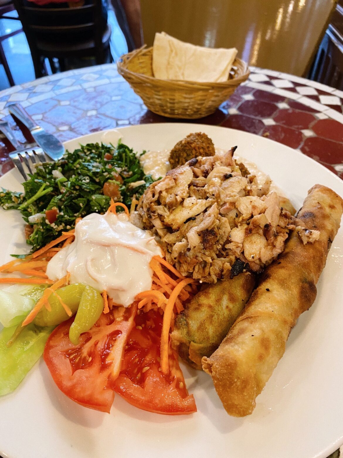Lebanese platter: Spring rolls, shawarma, salad, tzatziki, falafel, hummus oof the flavorsss (Cologne)