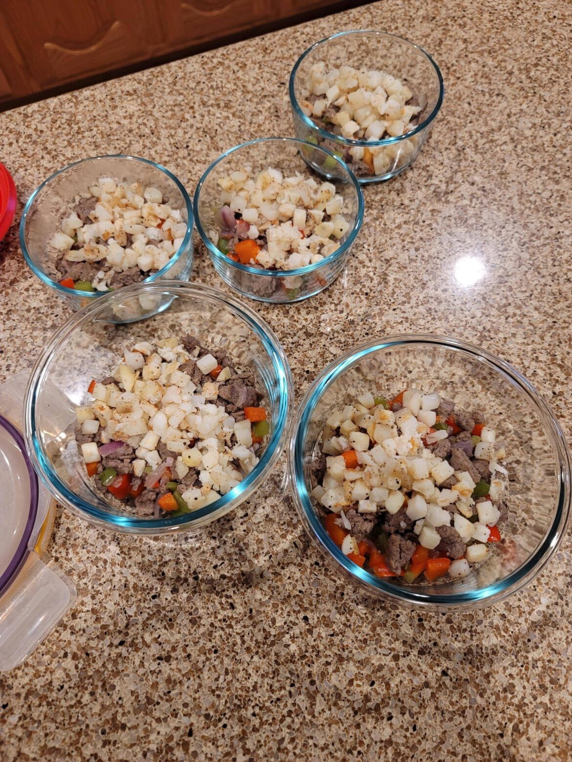"just break an egg" meal prep. Turkey sausage, bell pepper, onion, potatoes. I add an egg and egg whites and microwave in the morning for a quick easy breakfast. 240ish cals, 18g protein.
