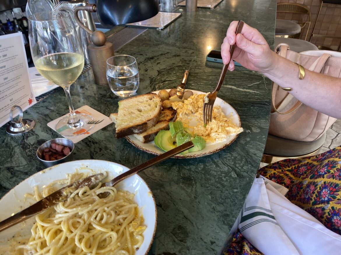 Marco Polo: Soft scramble & spaghetti carbonara. Seriously great brunch in a fun airy space