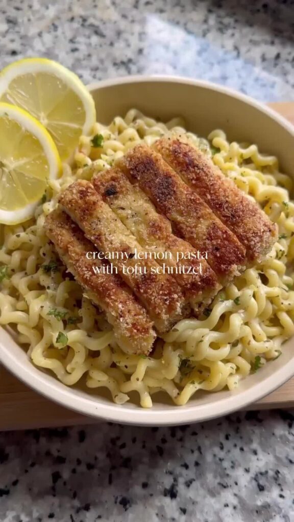 Creamy Lemon Pasta with Crispy Lemon & Herb Tofu Schnitzel