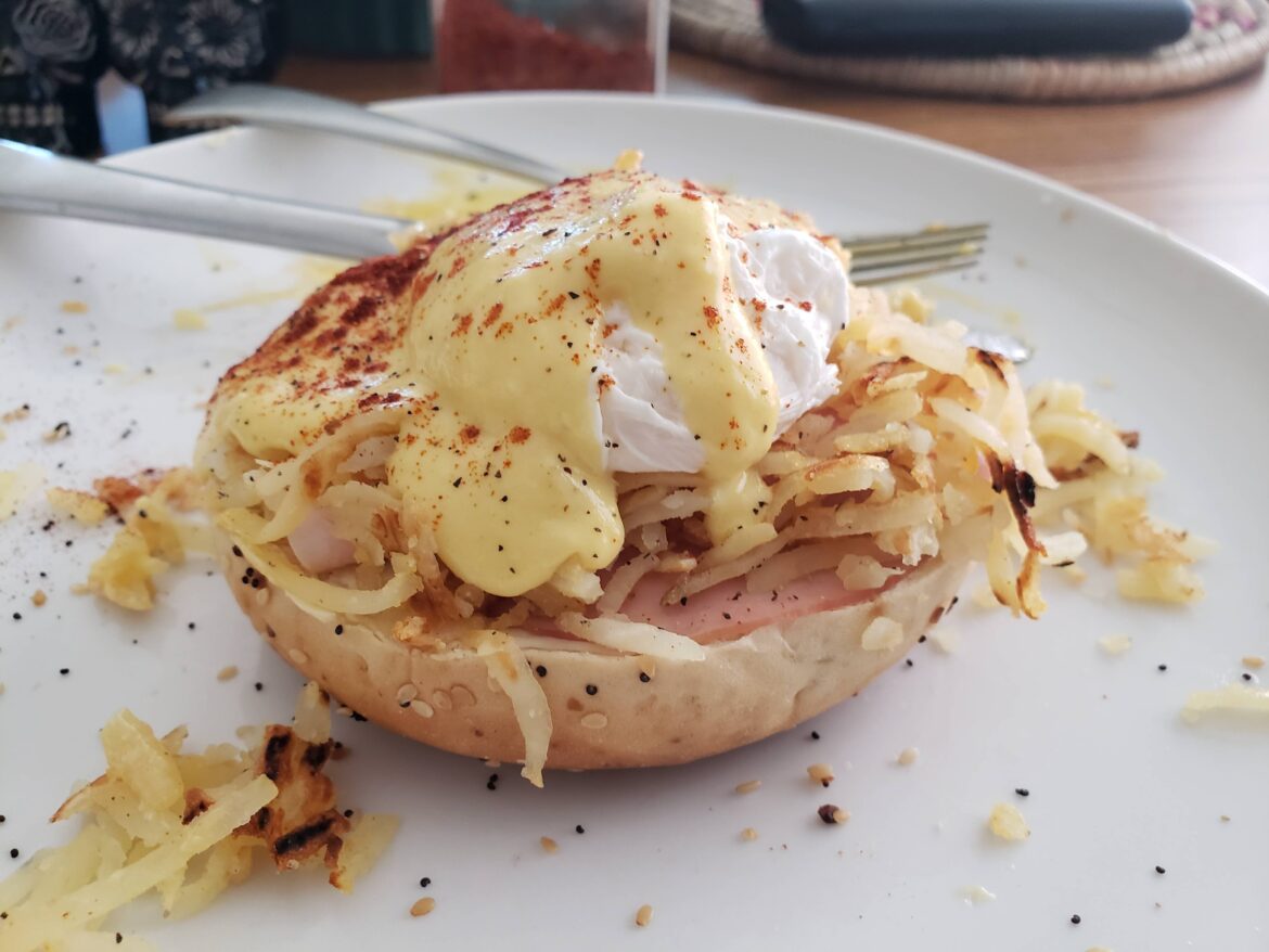 [Homemade] Eggs Benedict on an everything bagel with ham, oven roasted turkey, and hash browns.