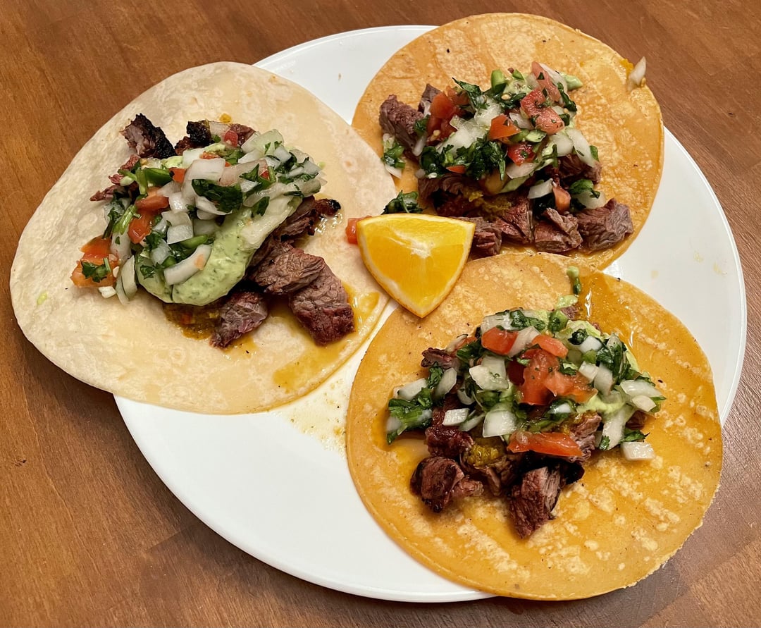 Carne Asada Tacos with Salsa de Aguacate con Crema, Roasted Habanero
