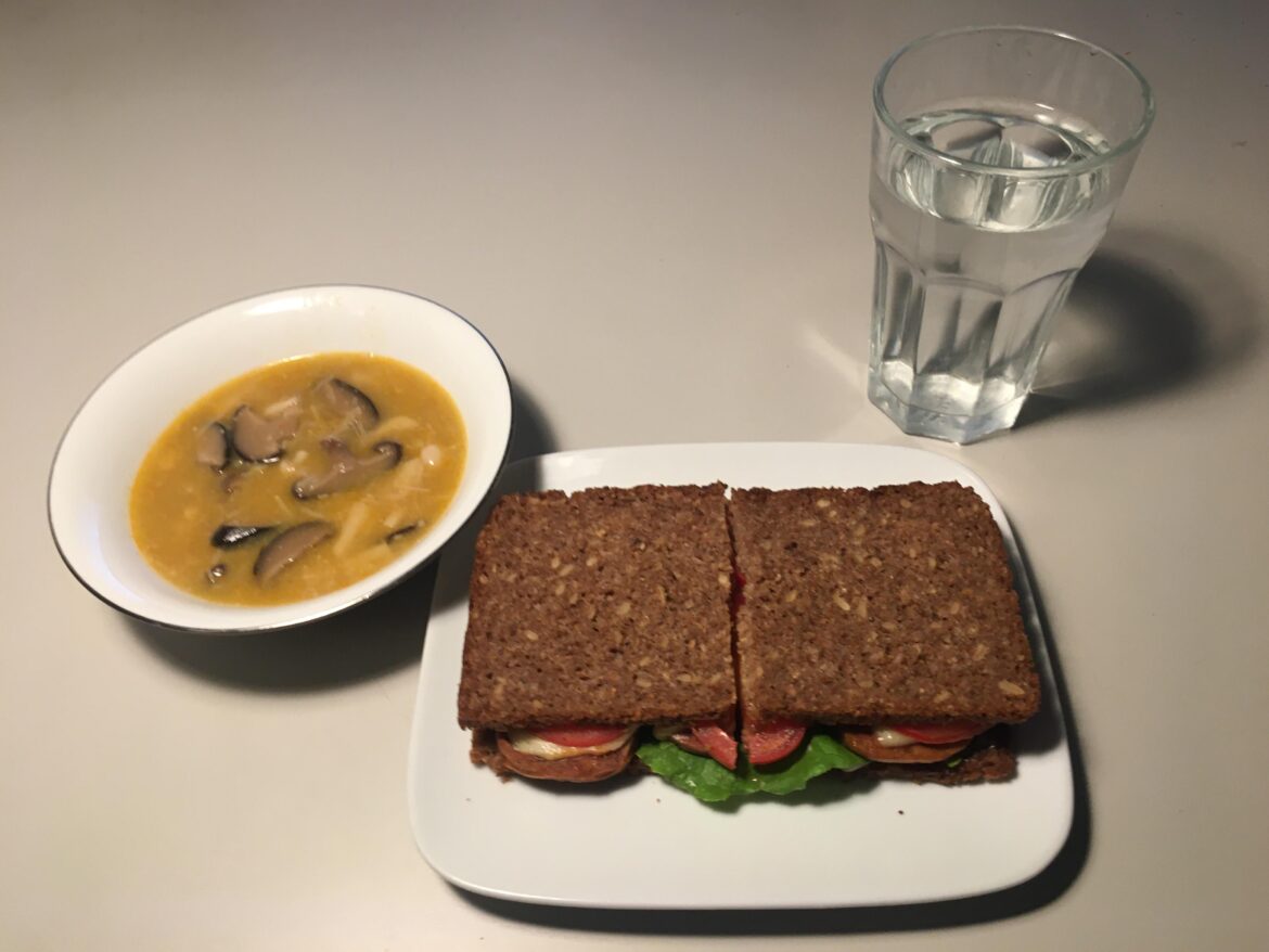 mushroom soup and a rye bread sandwich