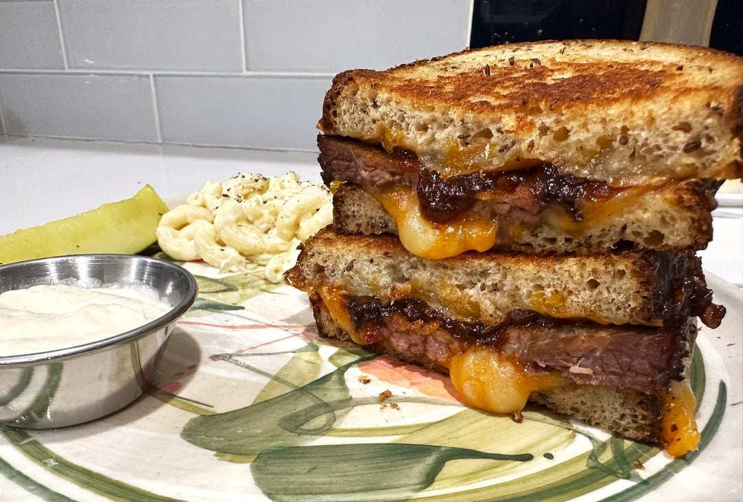 brisket grilled cheese bbq sauce and colby jack on rye w/ horse radish sauce for dippin' (mac