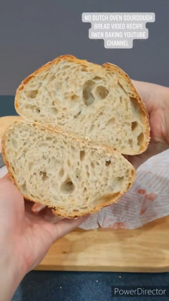 Made No Dutch Oven Sourdough Bread, so happy with the open crumbs, crispy crust fresh out of oven.