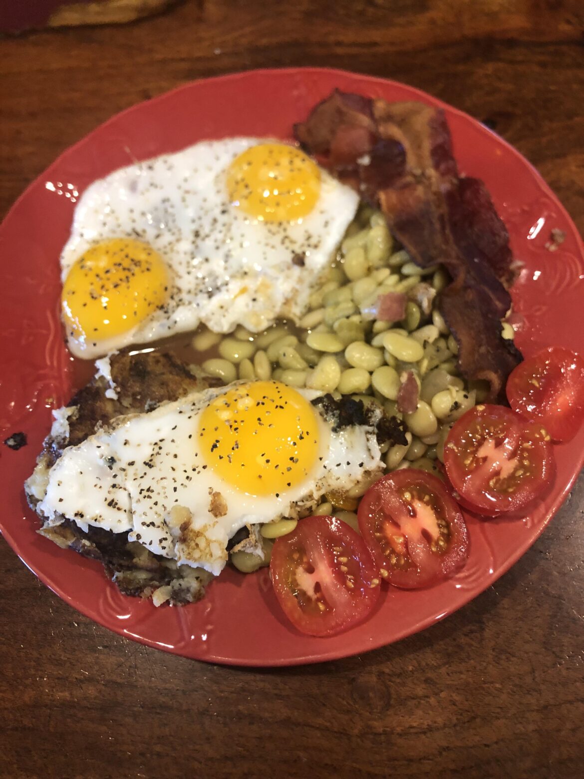 Mashers, Limas, Eggs, Tomatoes, with a Side of Bacon! Fella made his own breakfast again!