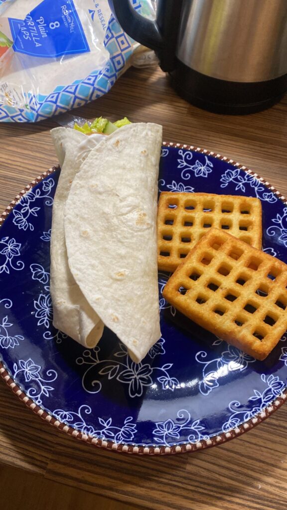 Chicken nugget wrap with potato waffles