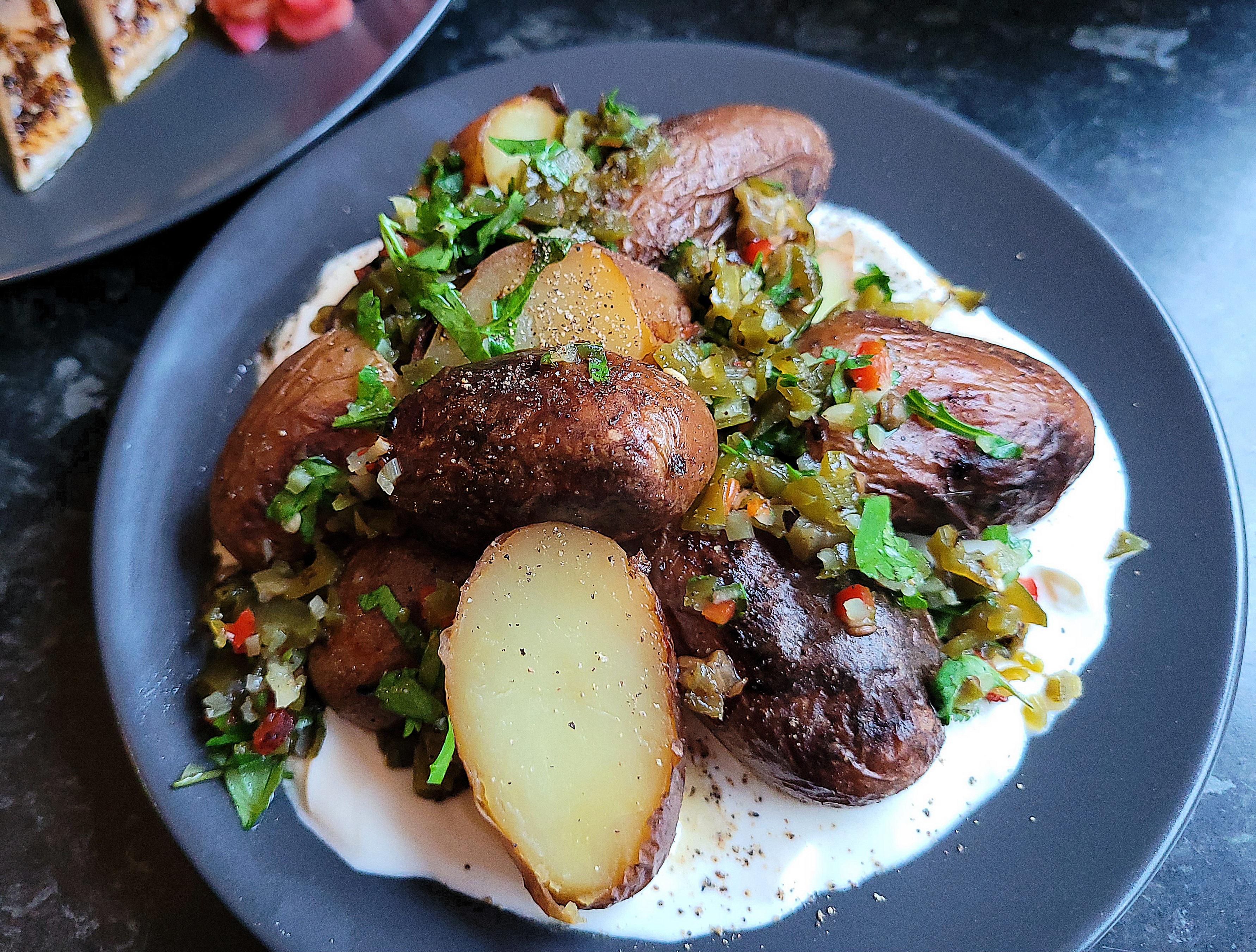 Smoked Jersey Royals roasted in beef dripping, with pickled chilli