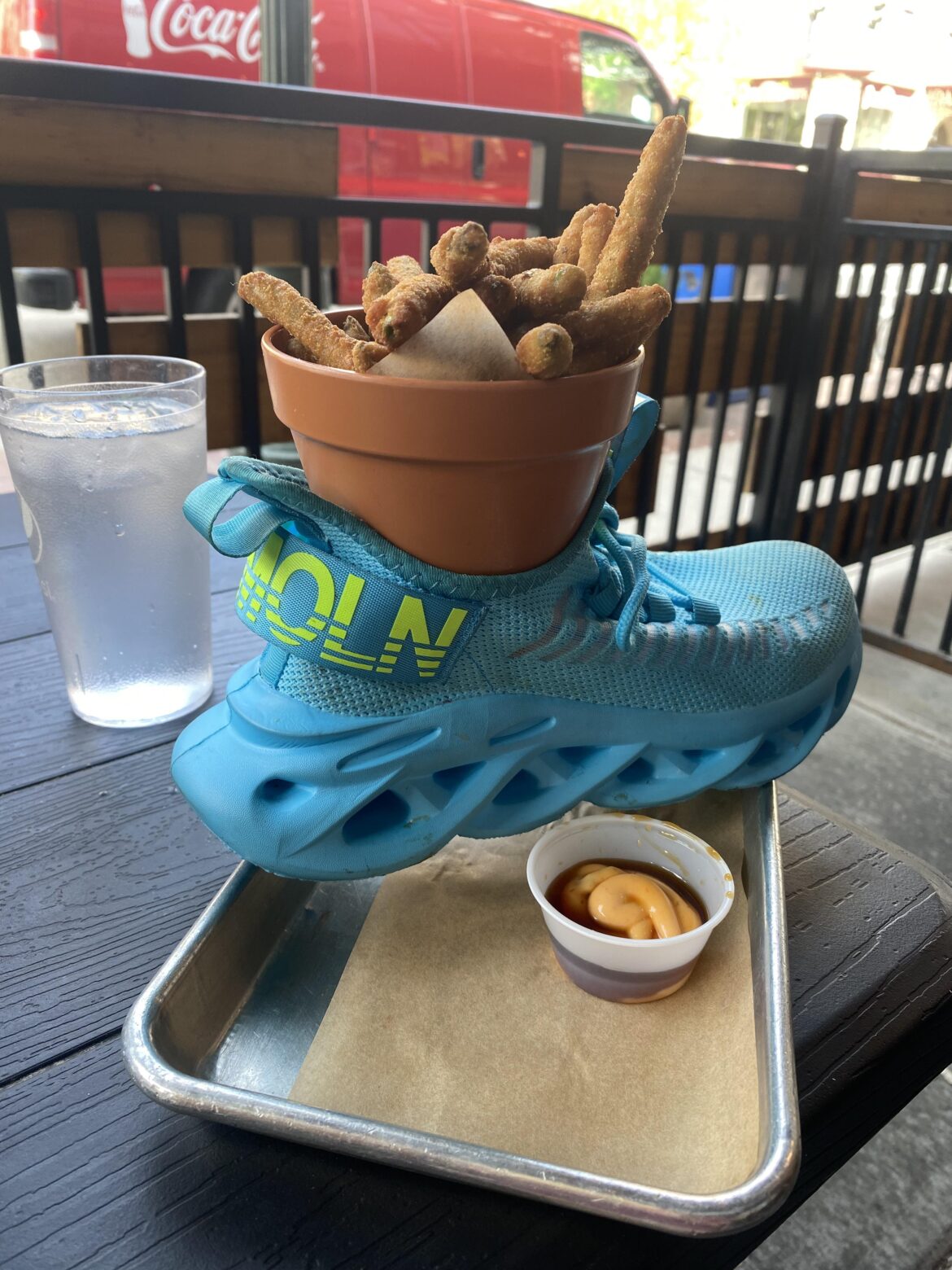 fried green beans served in a shoe.