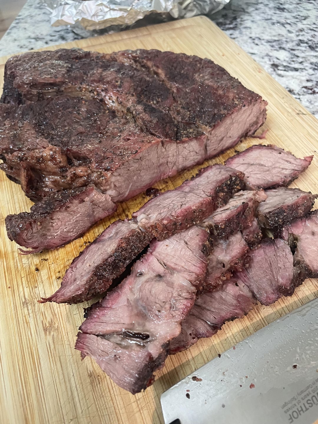 Smoked Chuck Roast w/ foil boat. Wife liked it kore than brisket
