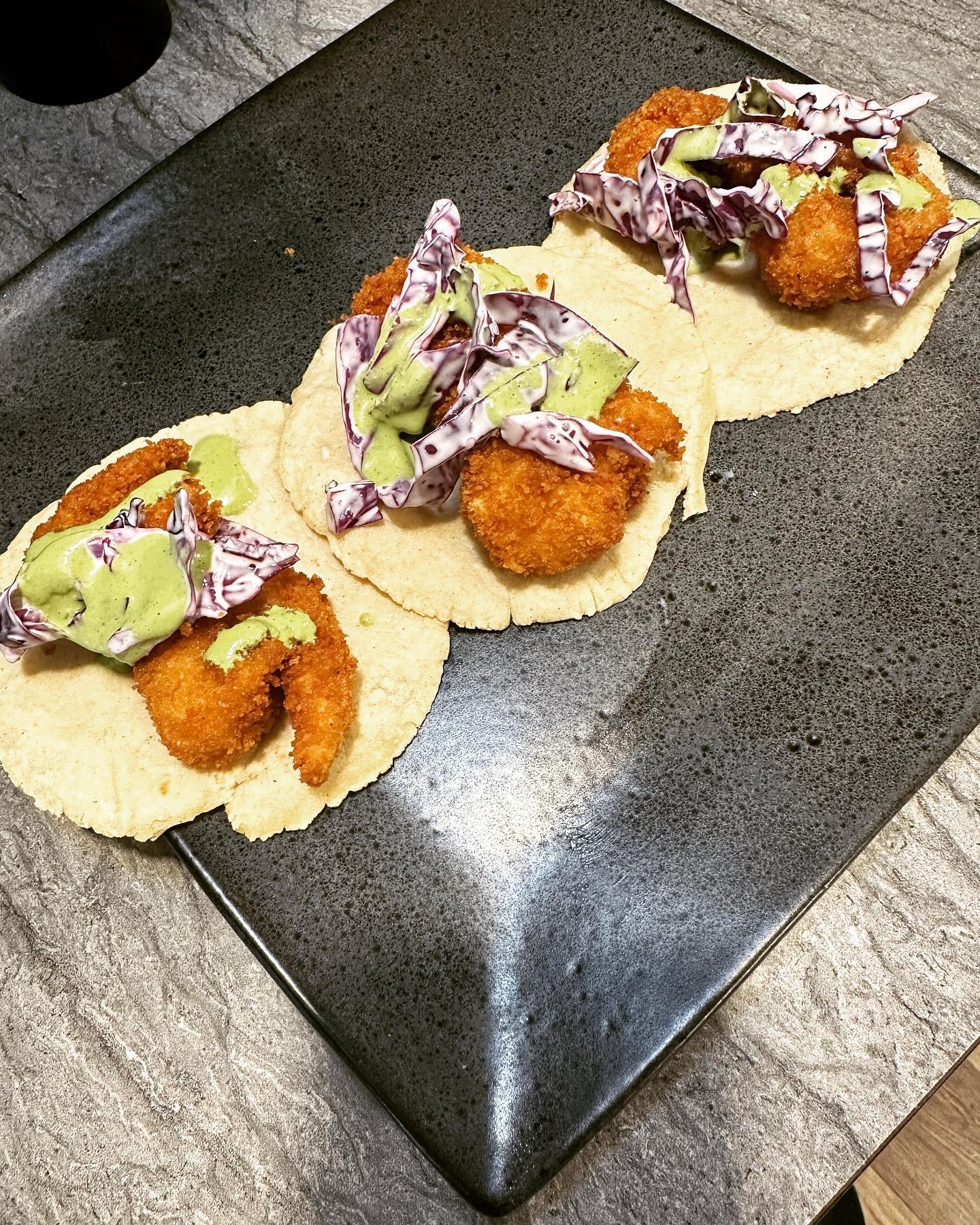 [ homemade] crispy fried shrimp tacos on homemade corn tortillas with a