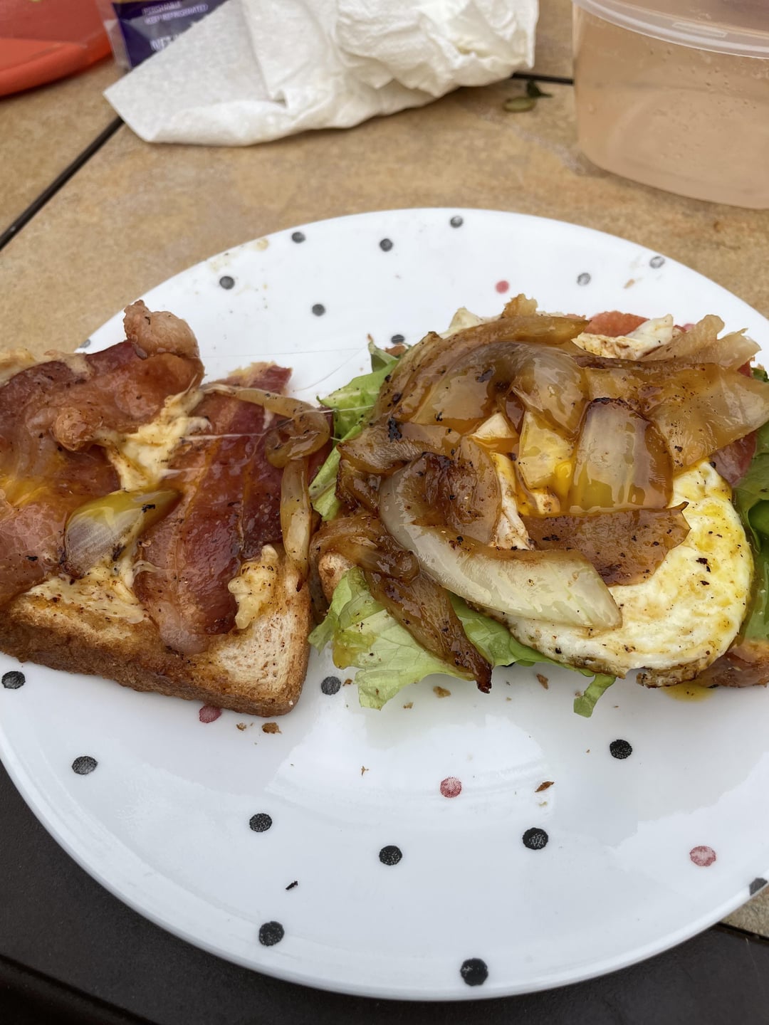 BLTgCOEbacon lettuce tomato grilled cheese with fried egg and sautéed