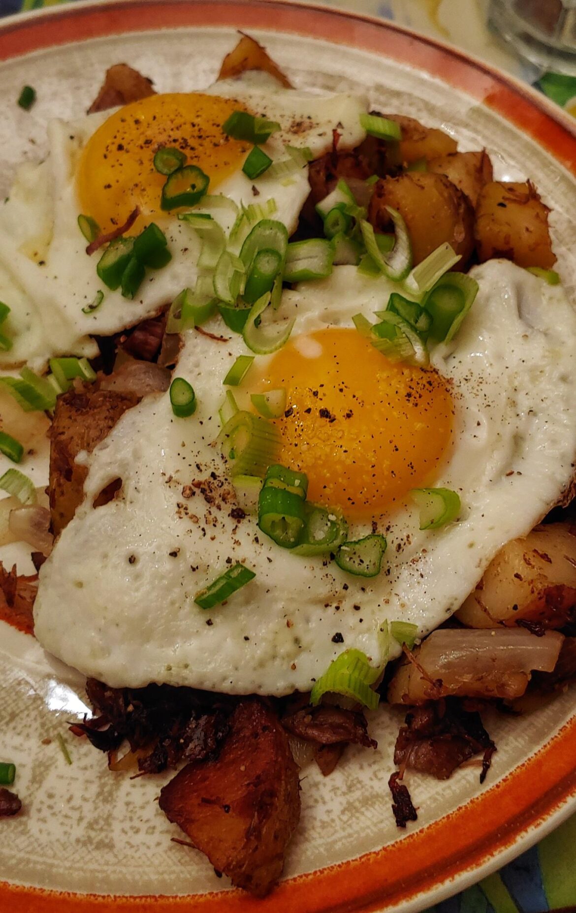 Slow cooked sunny side eggs on chuck roast hasg