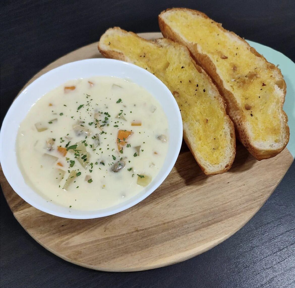Clam Chowder with Roasted Garlic Bread.