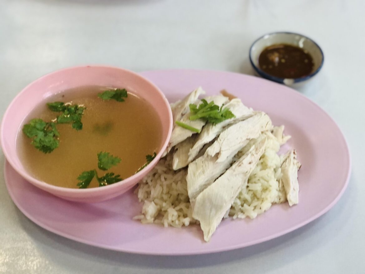 Boiled Chicken and Rice be found on many street food carts in Bangkok, Thailand