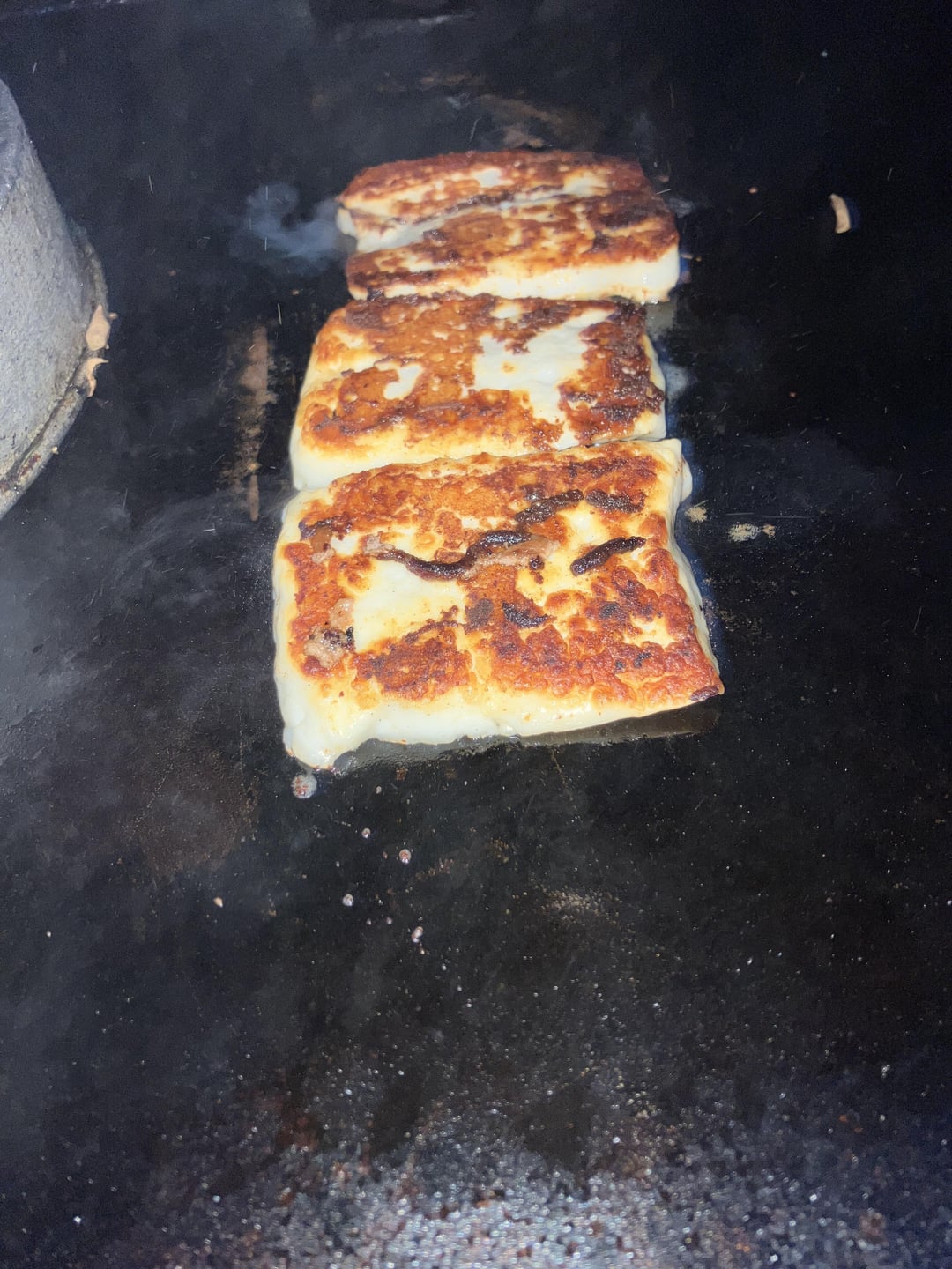 Griddled halloumi, Turkey burg, olive salad Dining and Cooking