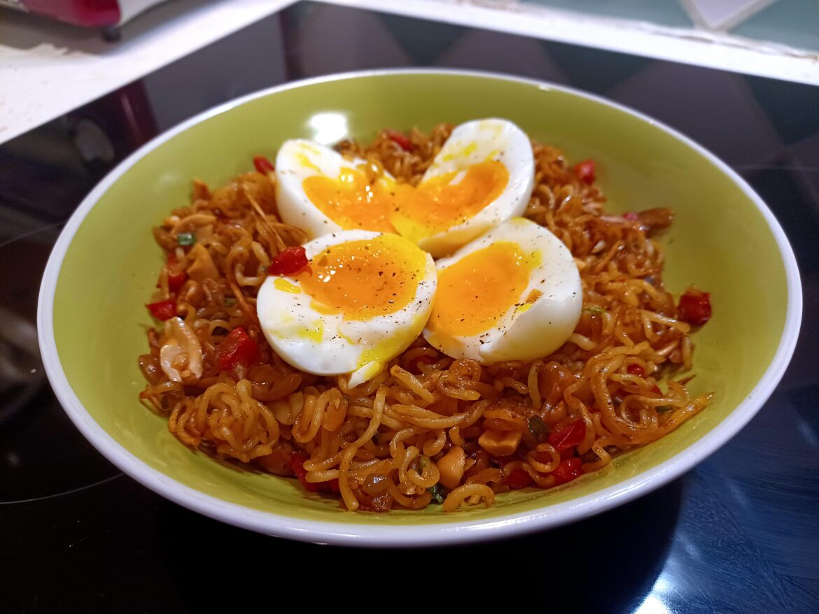 Stir-fried noodles with not one, but TWO eggs on it!
