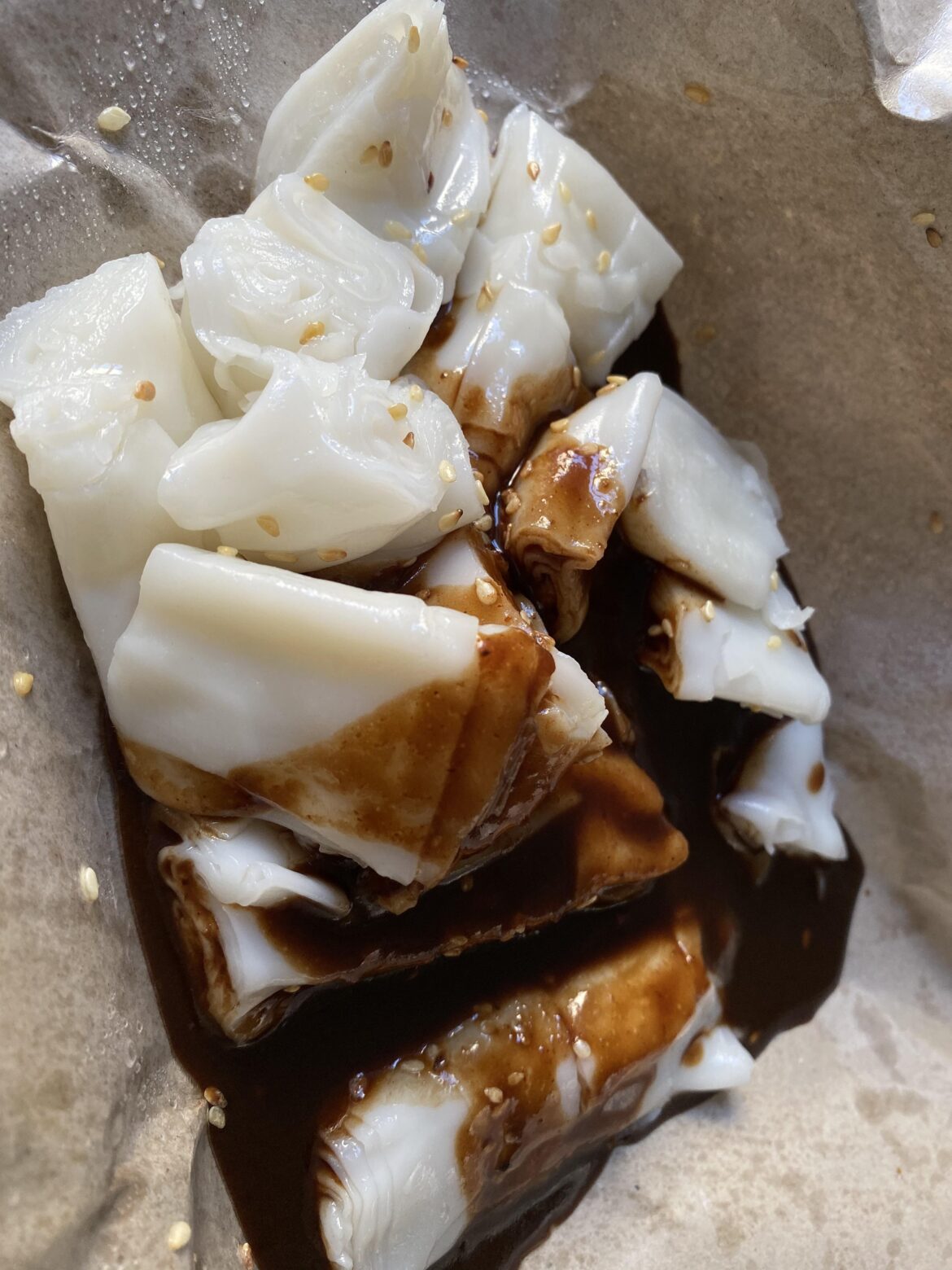 Chee cheong fun: a rice roll based dish with a sweetened sauce from Singapore
