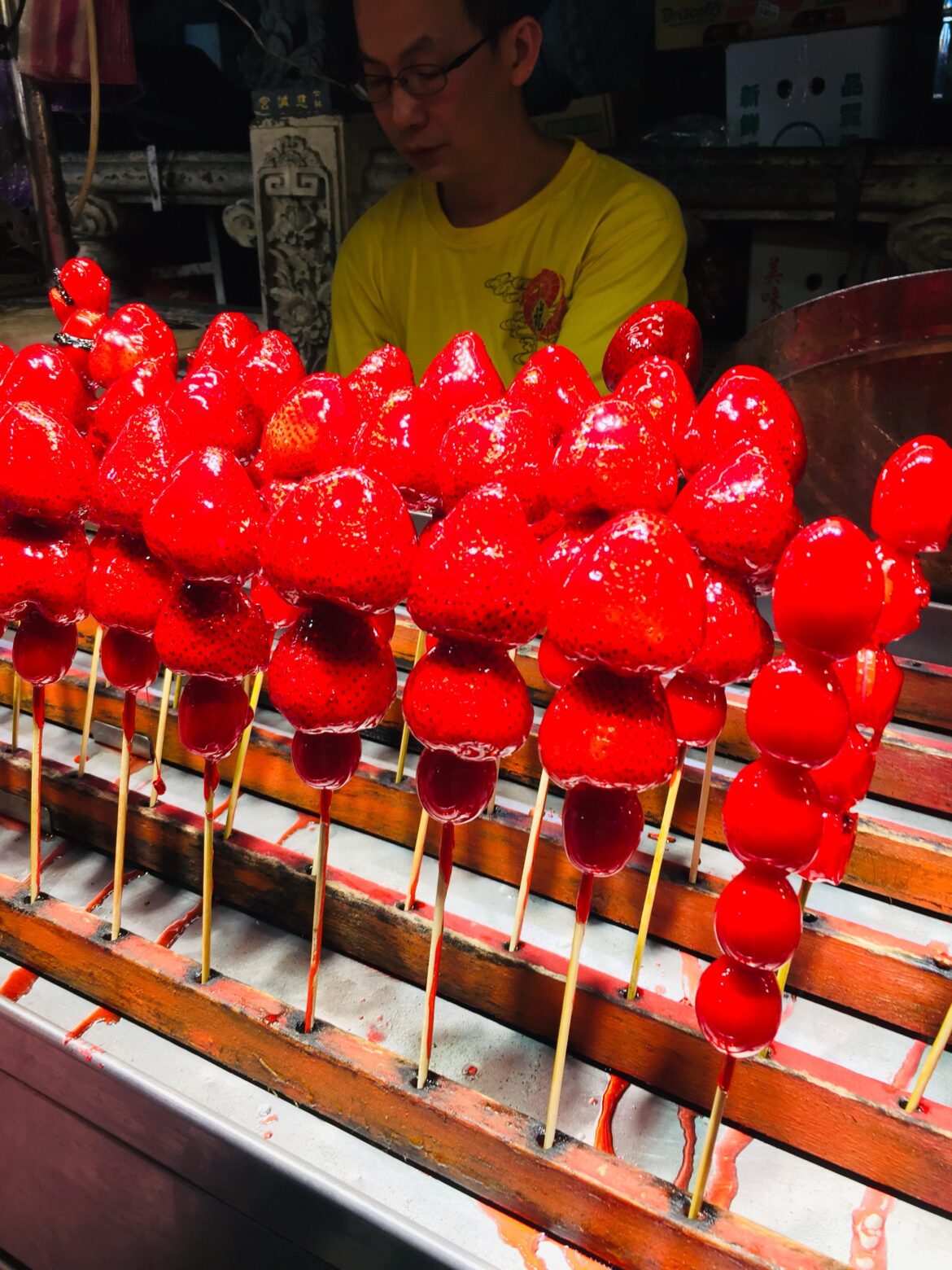 Glazed strawberries (Tanghulu) in Shilin Market, Taiwan
