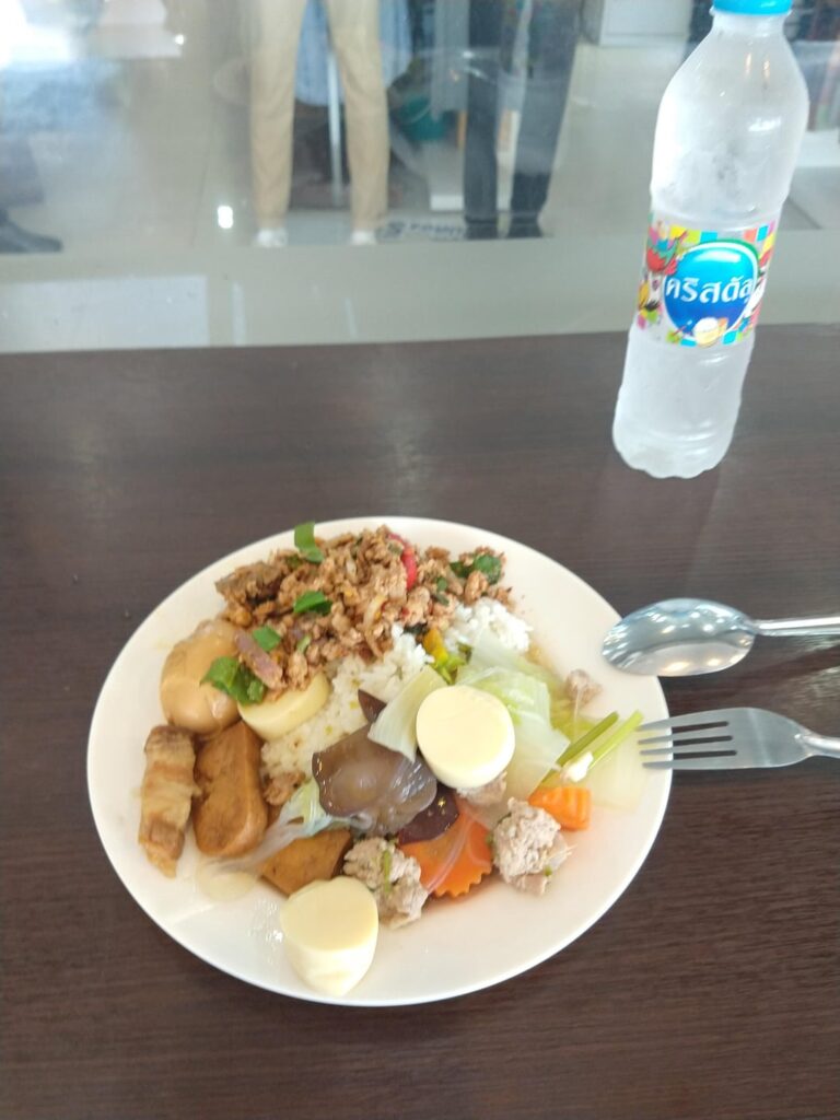 Lunch, at the food court ferengi Plaza Khon kaen Thailand. Three different combinations of stuff over rice. 45THB including the bottle of water.