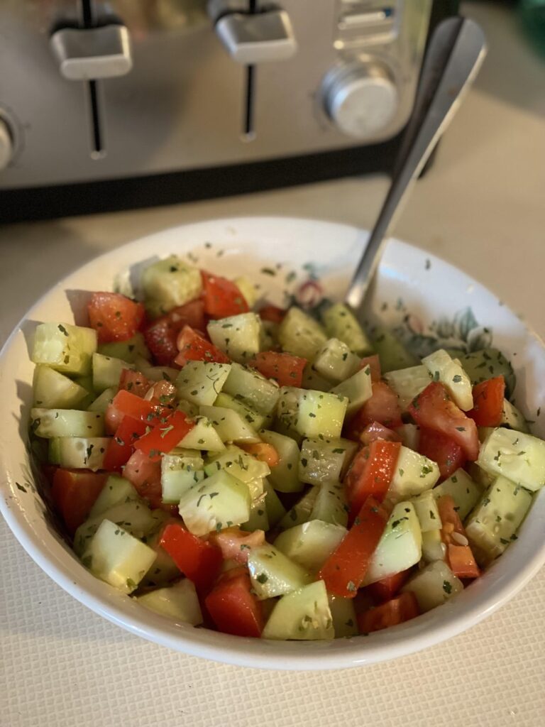 Easy cucumber & tomato salad. One of my family’s favorite, easy salads. Makes a great side to go with anything grilled.