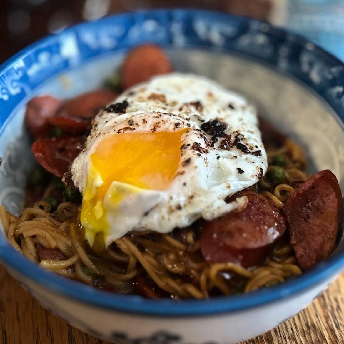 Beef Smoked Sausage with Ramen Noodles and Topped With An Over-easy Egg ala Aspiring Chef Sibyl