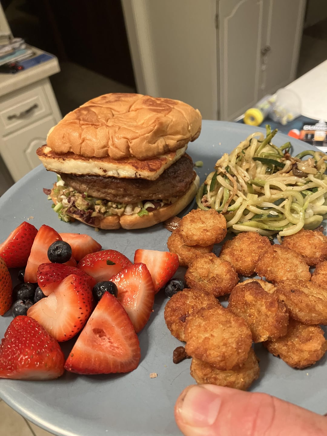 Griddled halloumi, Turkey burg, olive salad Dining and Cooking